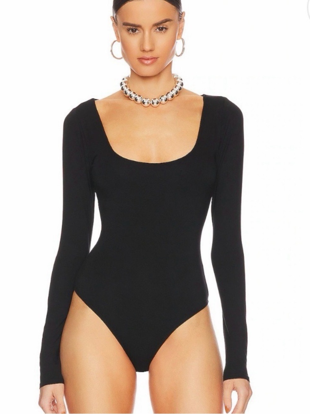 Good American Black Long Sleeve Scoop Neck Bodysuit NWT Small $85